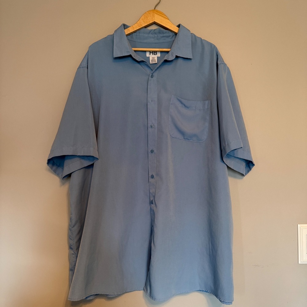 HB Mens 3XLT Light Blue Textured Grid Short Sleeve Button Down‎ Shirt Tall Fit